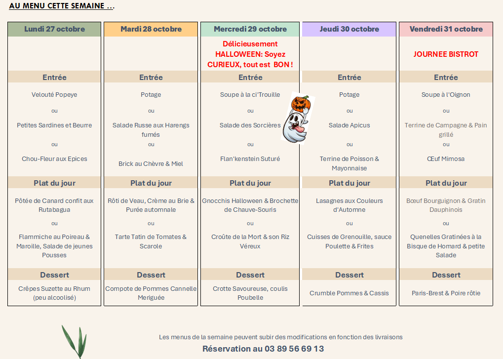 Menu de la semaine du restaurant Le Sinclair