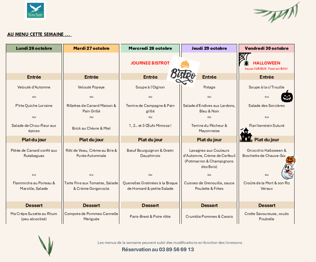 Menu de la semaine du restaurant Le Sinclair