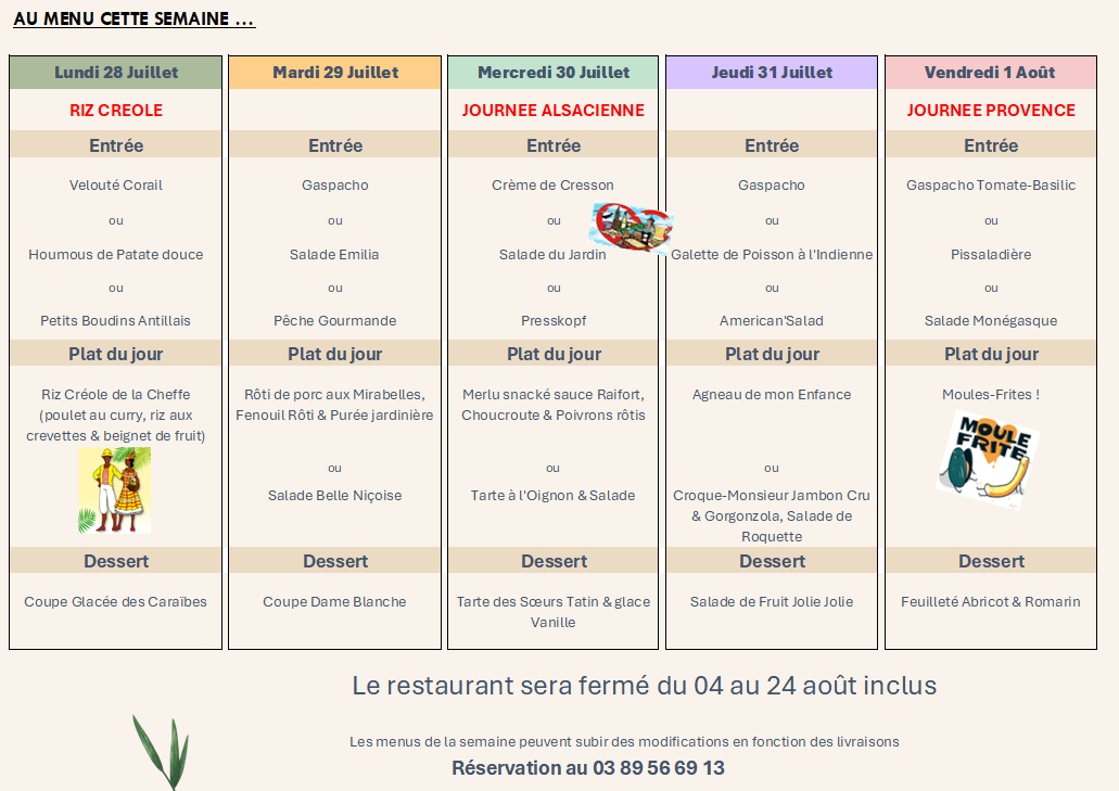 Menu de la semaine du restaurant Le Sinclair