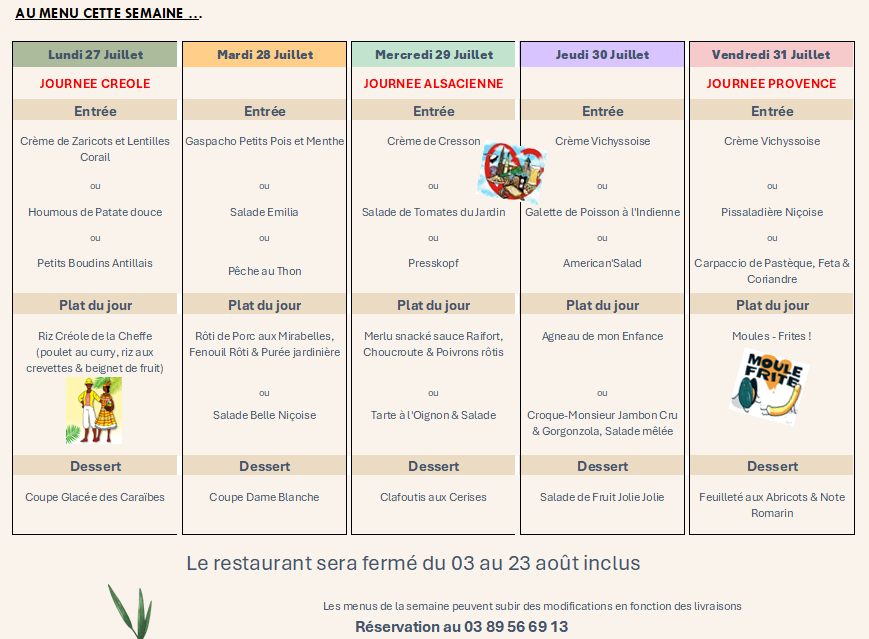 Menu de la semaine du restaurant Le Sinclair