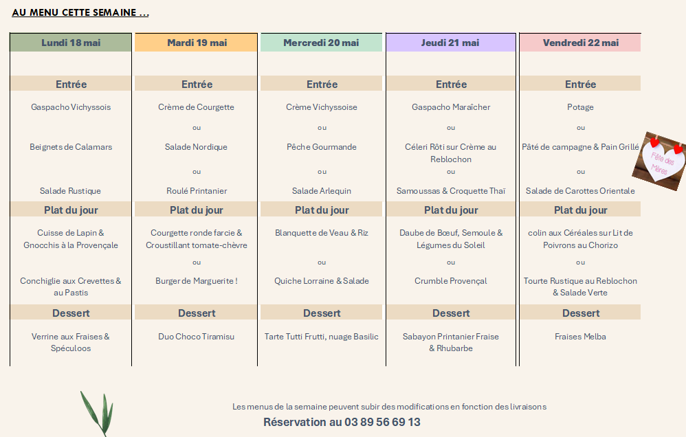 Menu de la semaine du restaurant Le Sinclair