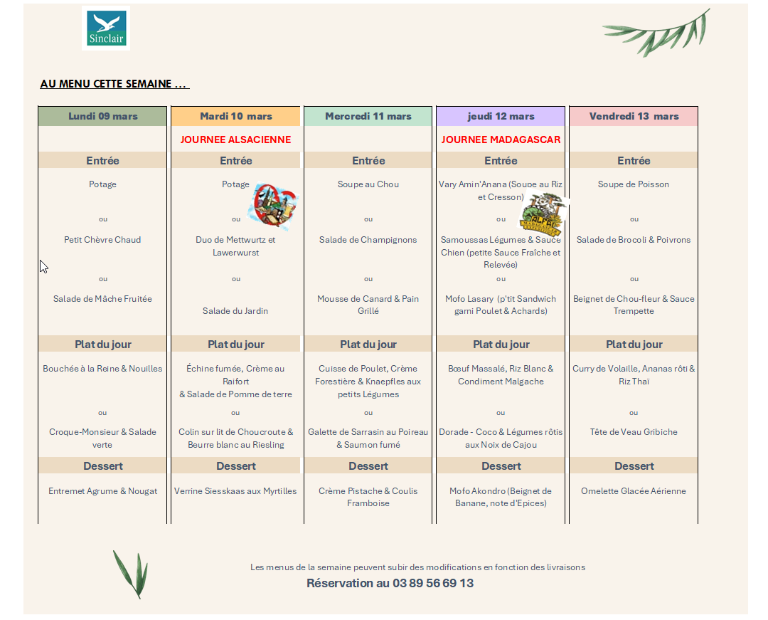 Menu de la semaine du restaurant Le Sinclair