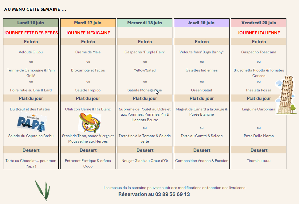 Menu de la semaine du restaurant Le Sinclair