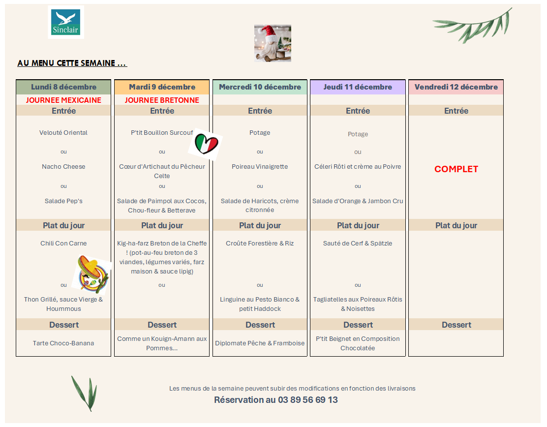 Menu de la semaine du restaurant Le Sinclair