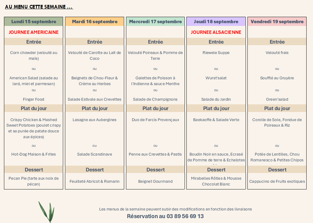 Menu de la semaine du restaurant Le Sinclair