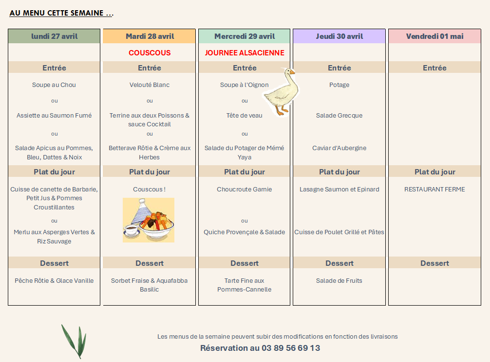 Menu de la semaine du restaurant Le Sinclair