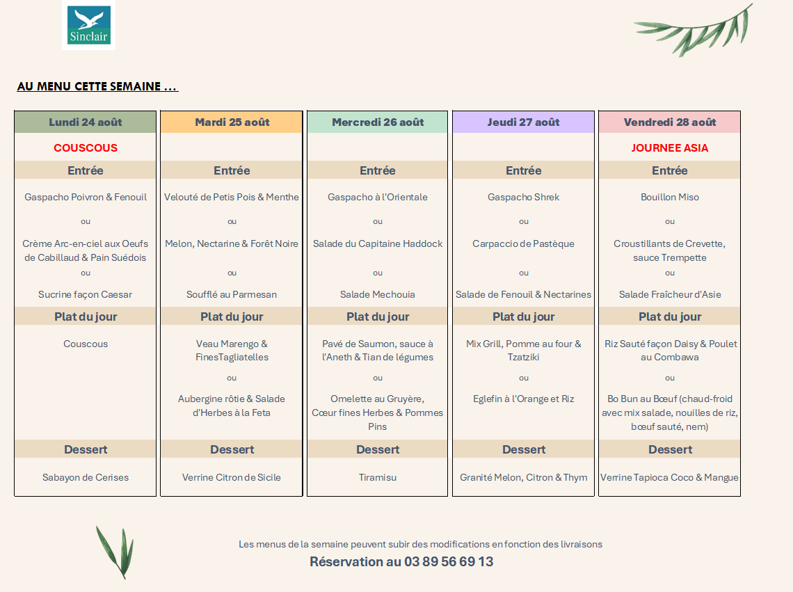 Menu de la semaine du restaurant Le Sinclair