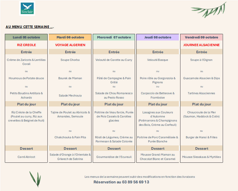 Menu de la semaine du restaurant Le Sinclair