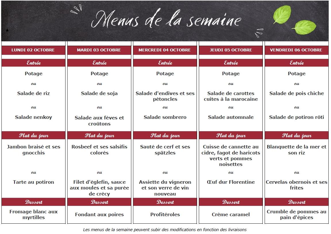 Menu de la semaine du restaurant Le Sinclair