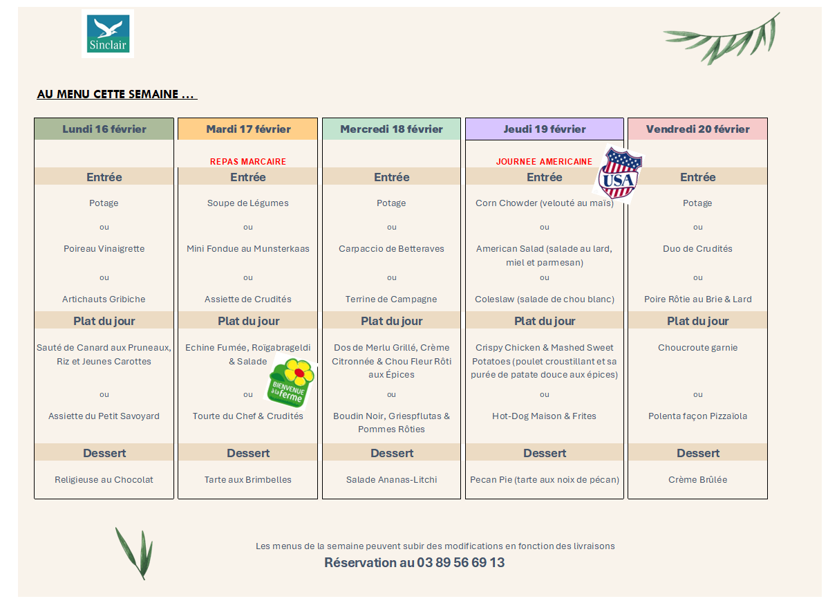 Menu de la semaine du restaurant Le Sinclair