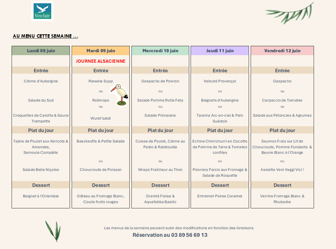 Menu de la semaine du restaurant Le Sinclair
