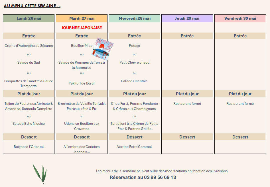 Menu de la semaine du restaurant Le Sinclair