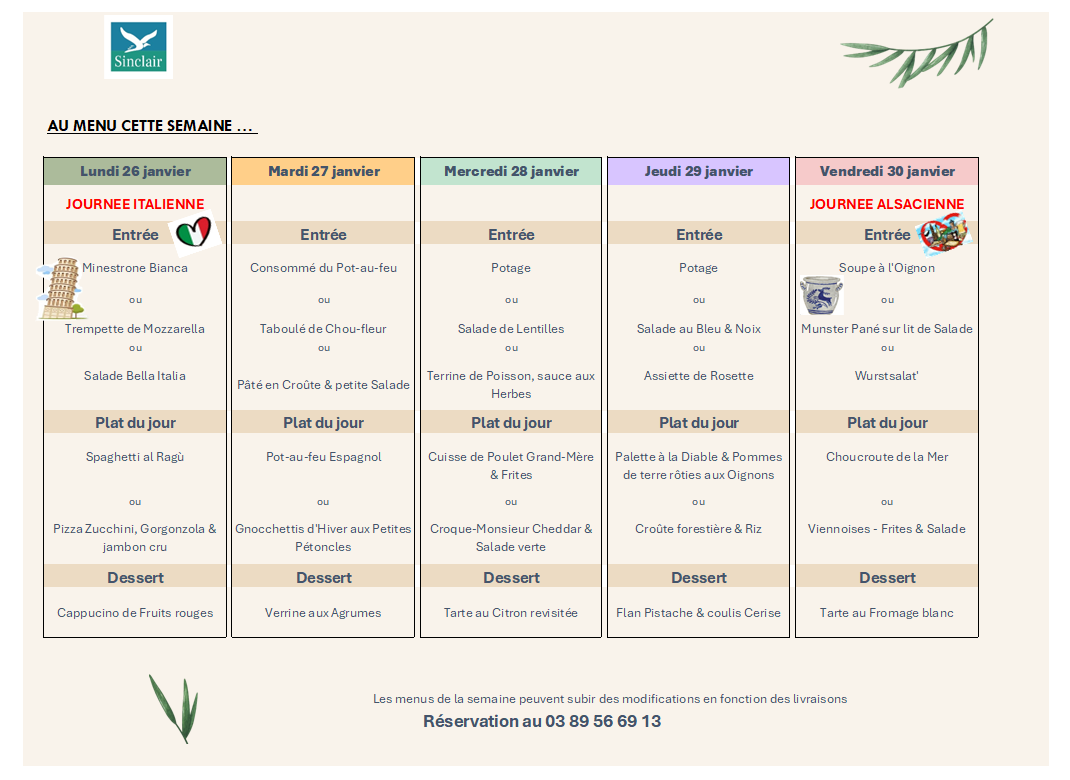 Menu de la semaine du restaurant Le Sinclair