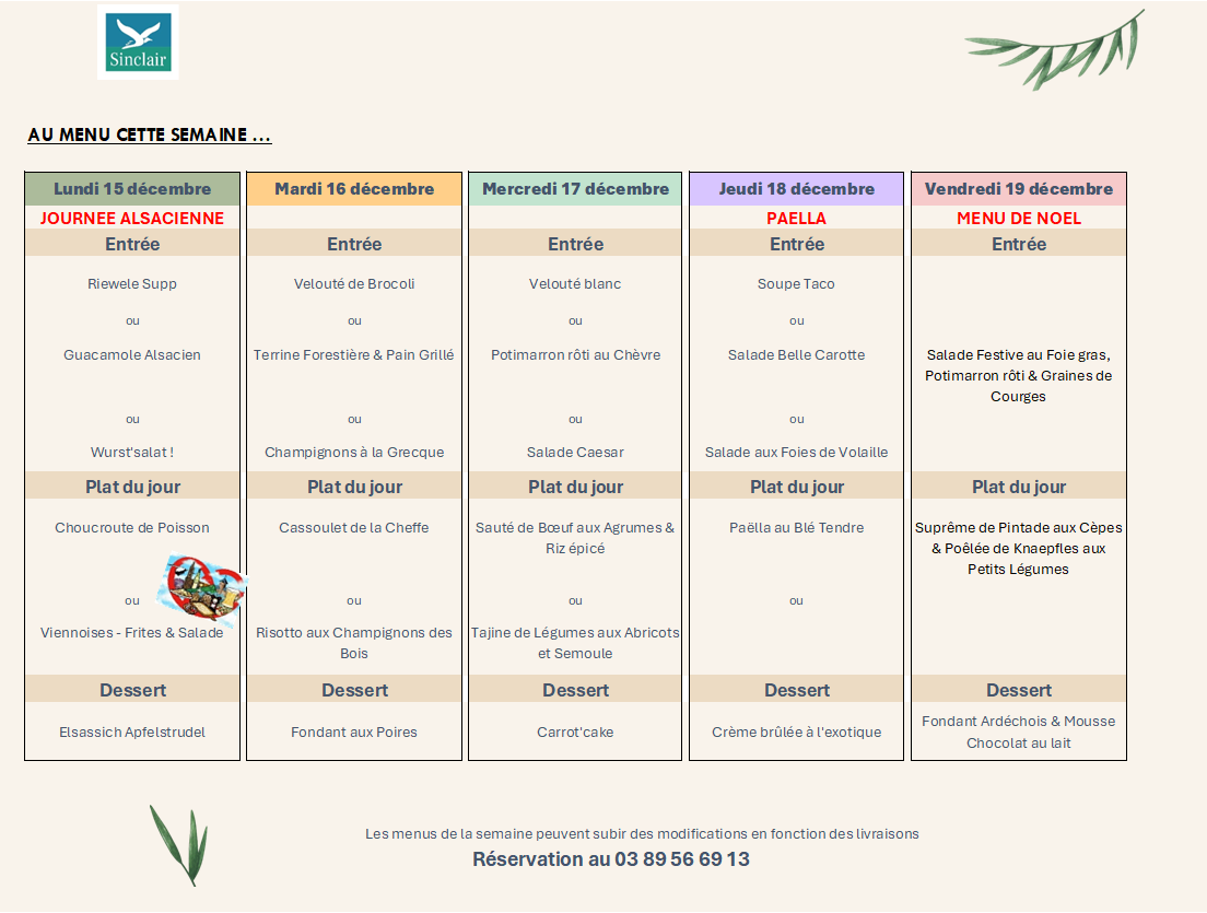 Menu de la semaine du restaurant Le Sinclair
